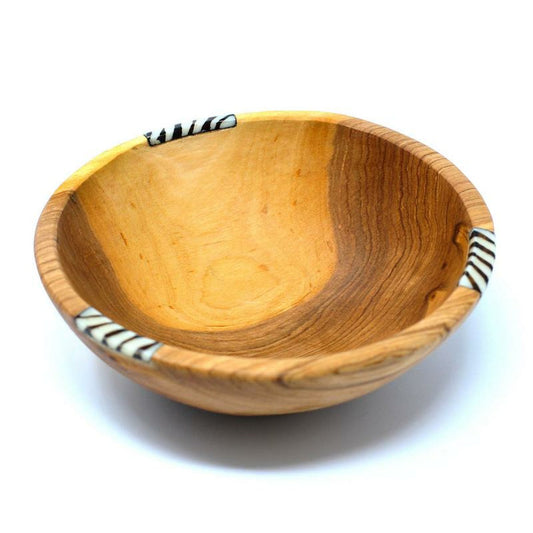 Rustic Olive Wood Bowl With Batik Bone Inlay, 6-Inch