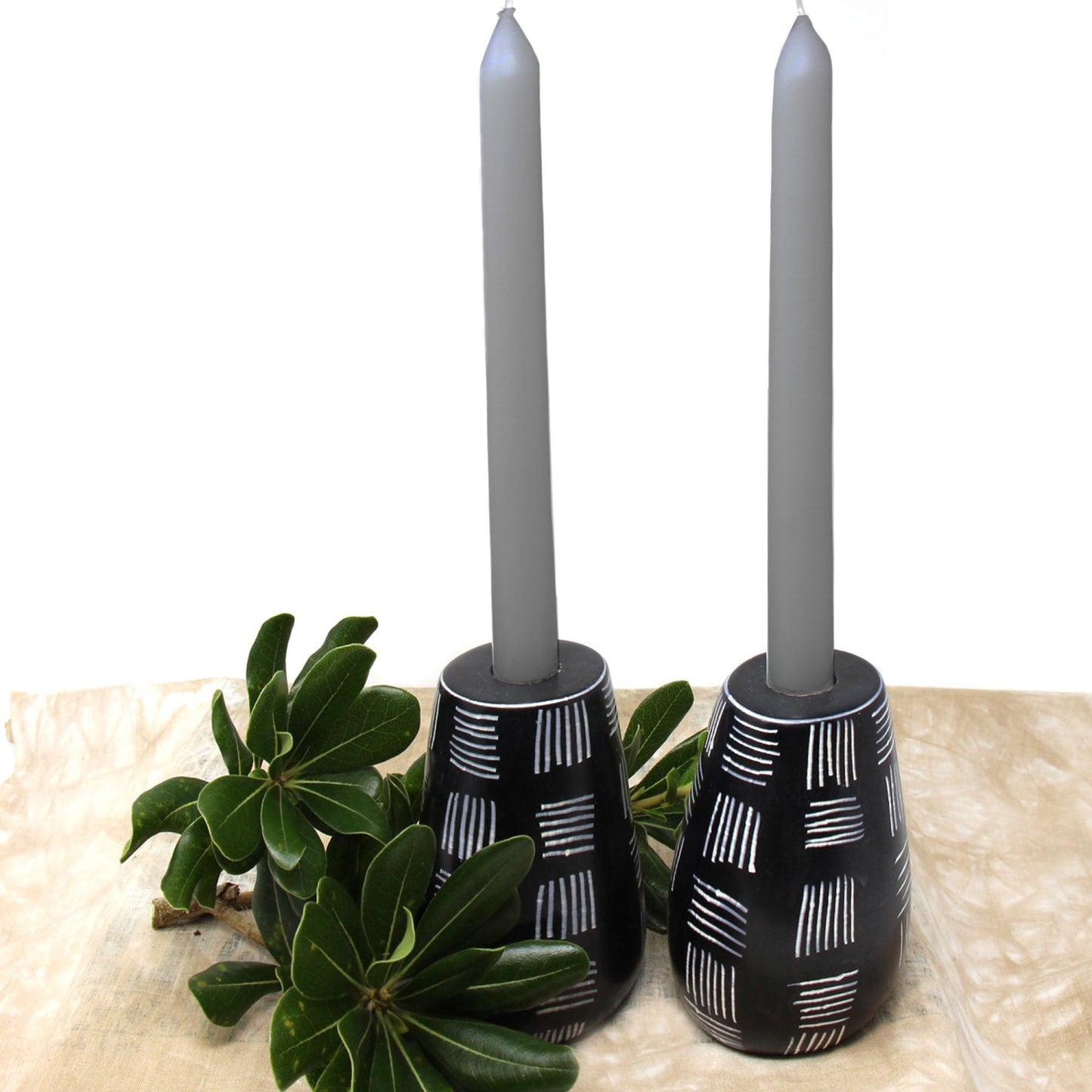 Global Crafts Set Of 2 Hand-Carved Tall Round Soapstone Candle Holders